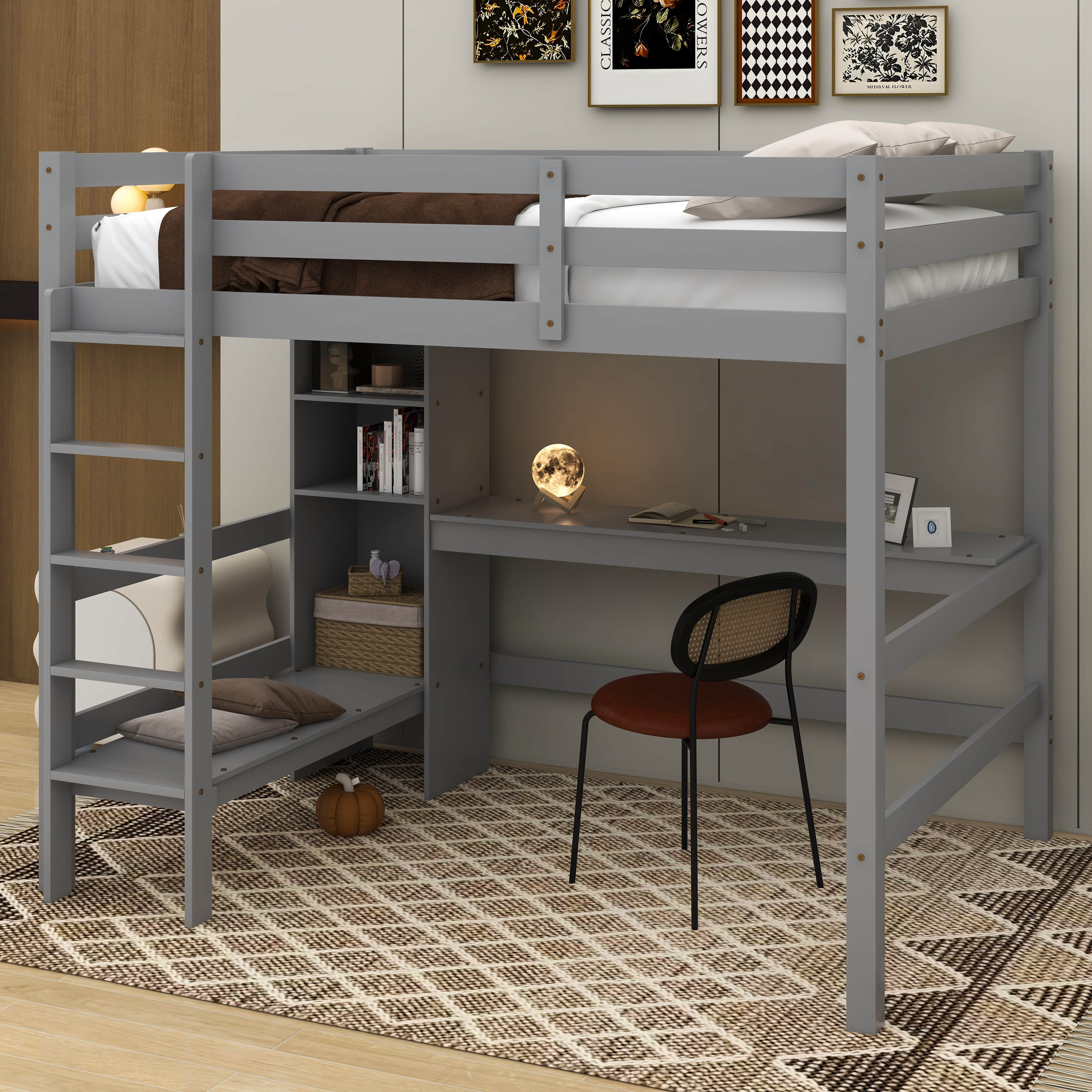 Harriet Bee Jephum Full Size Loft Bed With Multifunction Shelves And